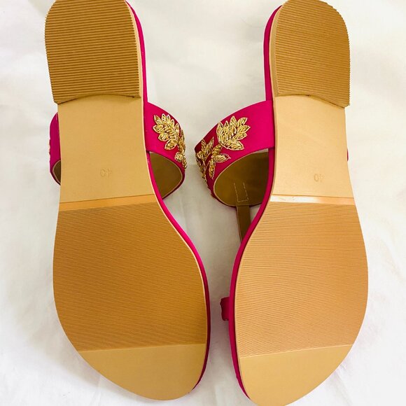 NWT Bright Pink Gold Embroidered Preet Kaur India Designer Sandals Flats 40 - Picture 6 of 7